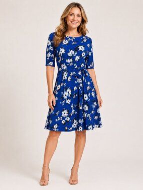 Jessica Howard Women Floral Print Blue Fit & Flare Short Sleeves Dress Size 8P